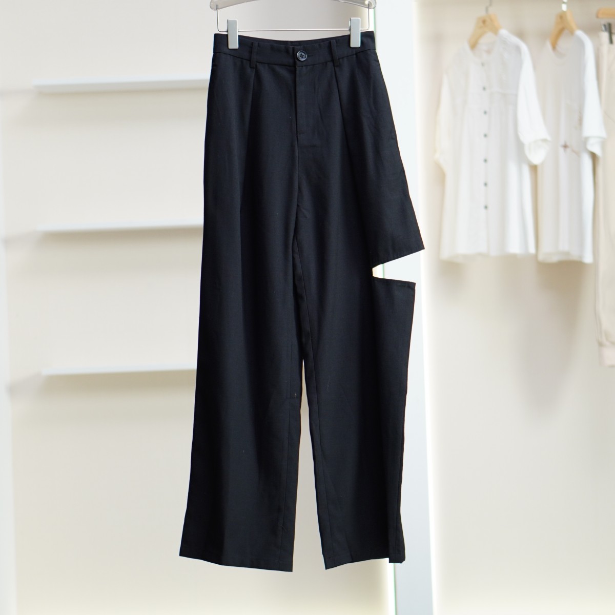 【诗M】Y481 女装春夏简约宽松破洞休闲裤黑色2326527