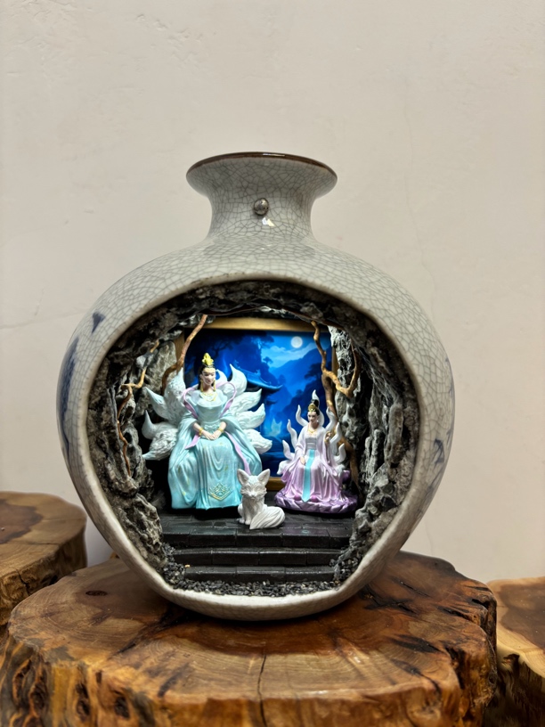 陶瓷花瓶小狐狸微景观黑色桌面摆件蓝色工艺品创意陶瓷精美