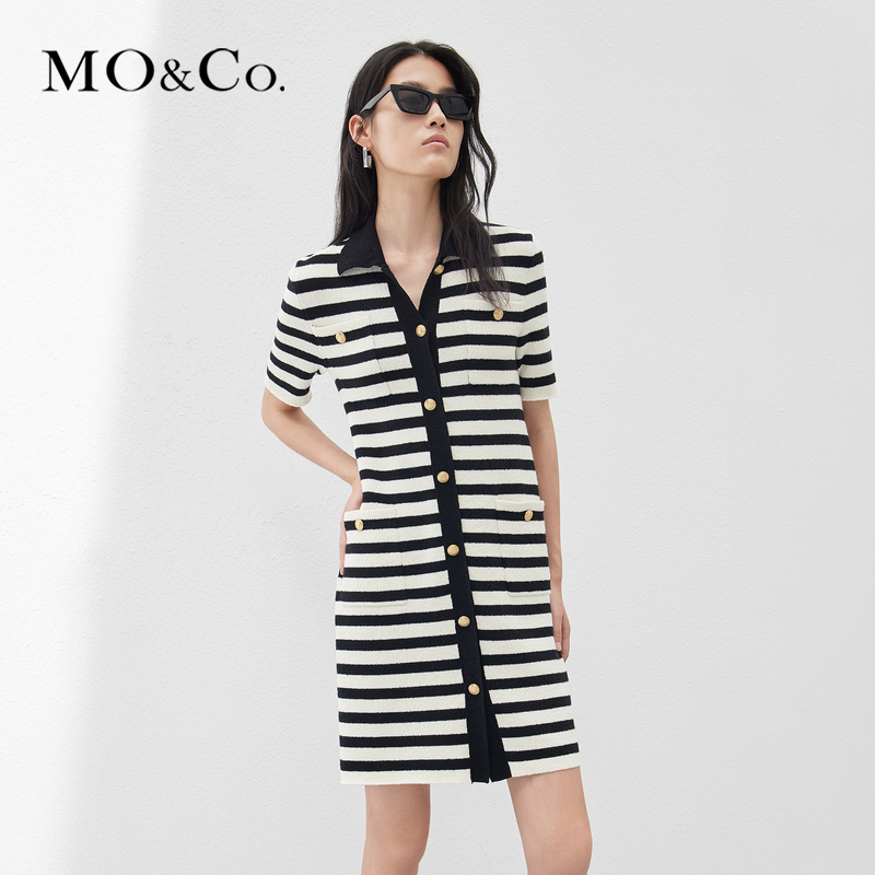 【赵老板专属】MOCO春季圈圈纱肌理条纹短袖针织连衣裙MBC1DRS024
