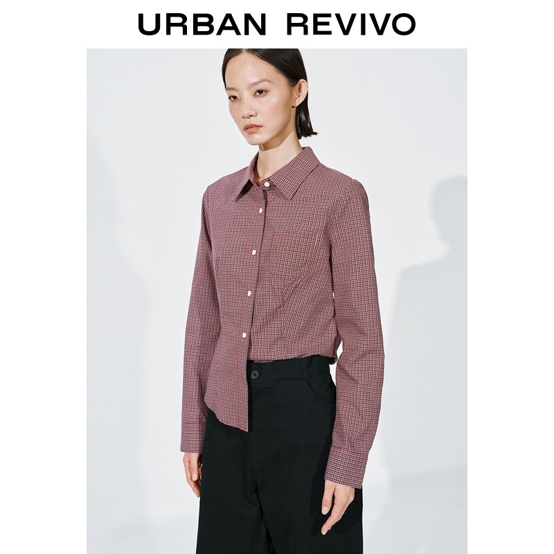 UR2026春季新款女装休闲撞色格纹棉质短款开襟衬衫UYY260002
