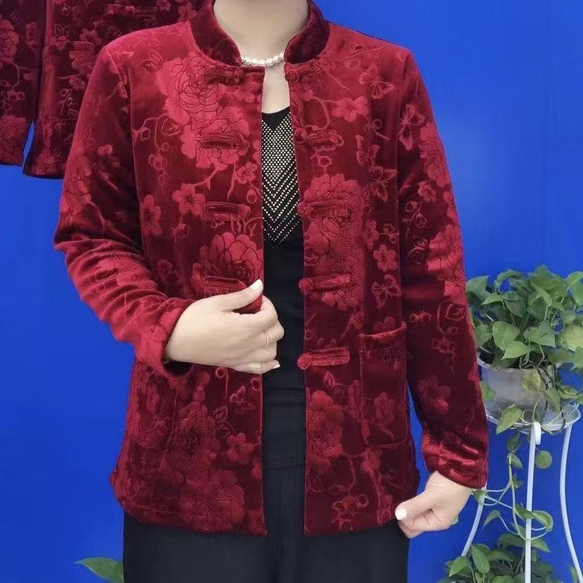 【金丝绒】加绒开衫秋冬中老年新款长袖复古盘扣妈妈加厚保暖打底