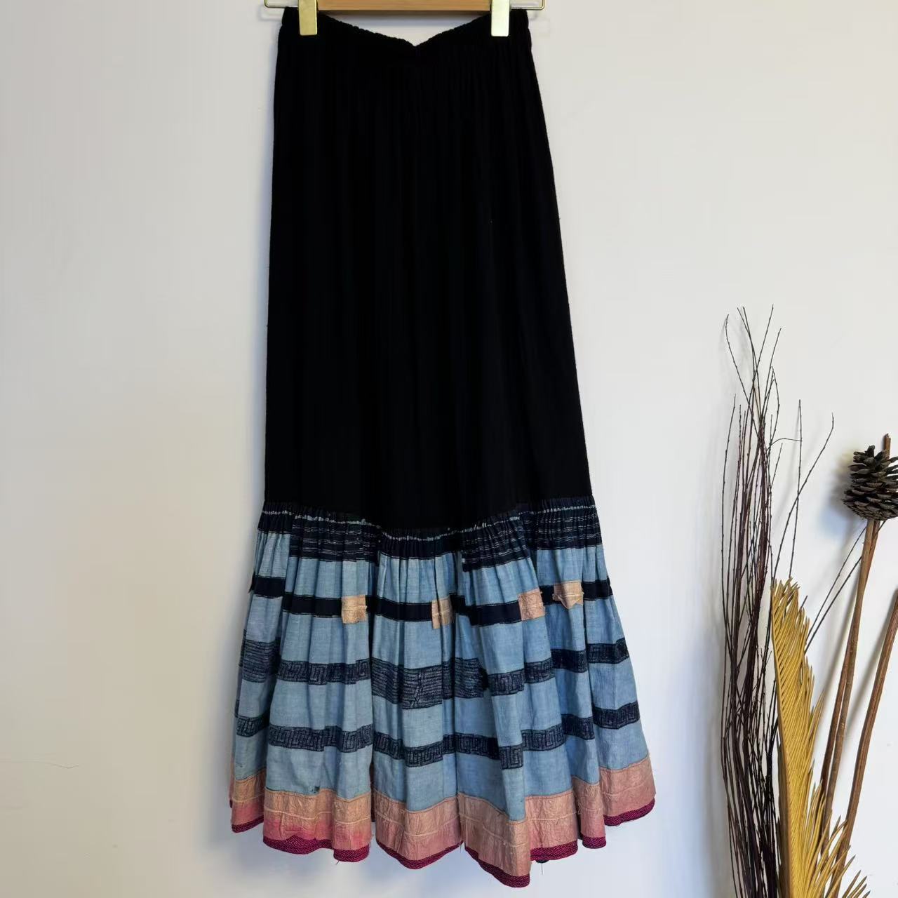 妤然民族风拼布半身裙新品老布百搭松紧腰宽松显瘦腰裙