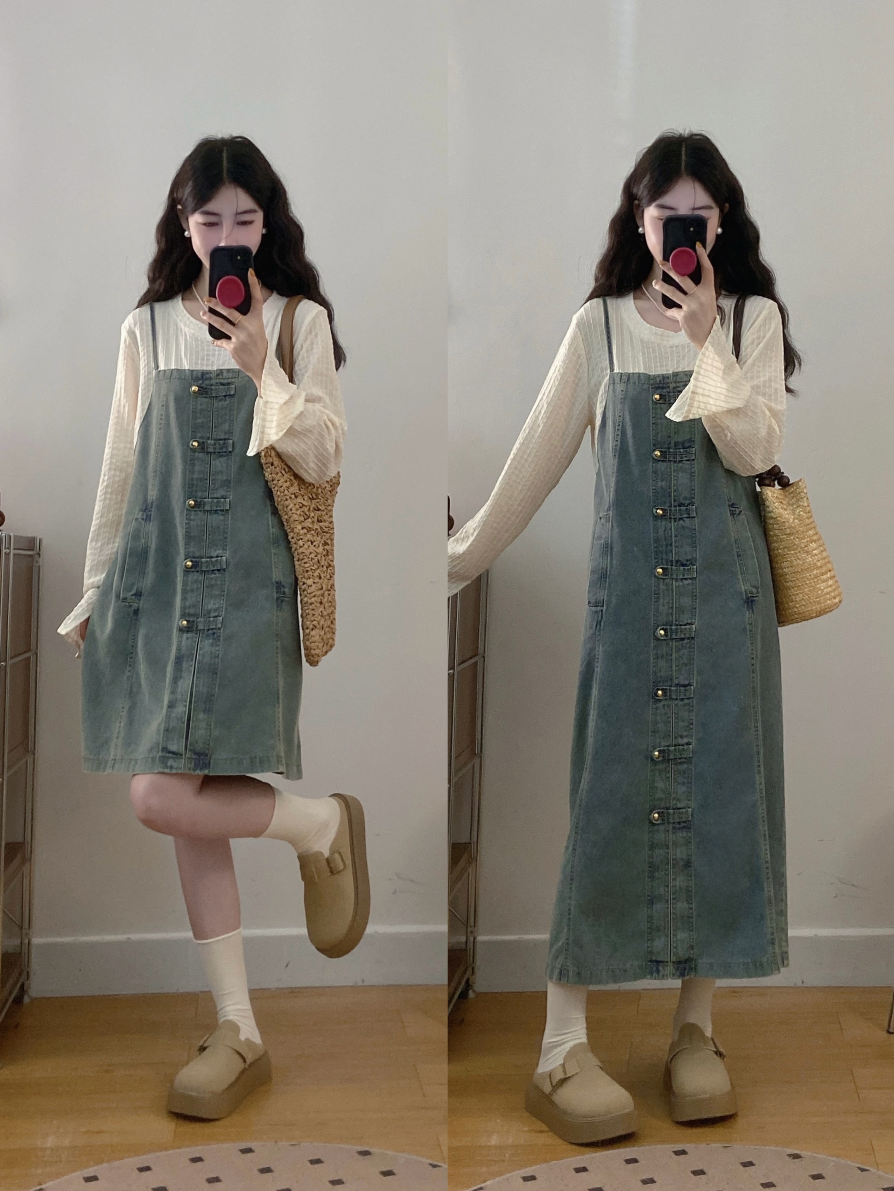 大码女装法式复古假两件长袖胖MM遮肚子显瘦牛仔连衣裙9115