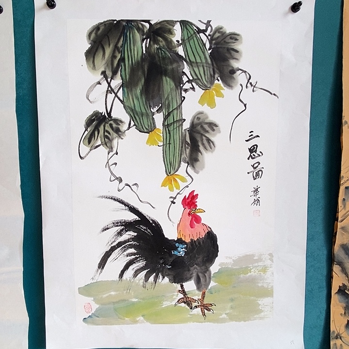 国画四尺三开手绘花鸟