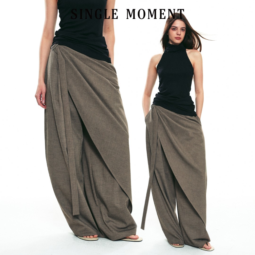 SINGLE MOMENT 25SS夏季新款羊毛混纺多层次飘带休闲阔腿西裤女