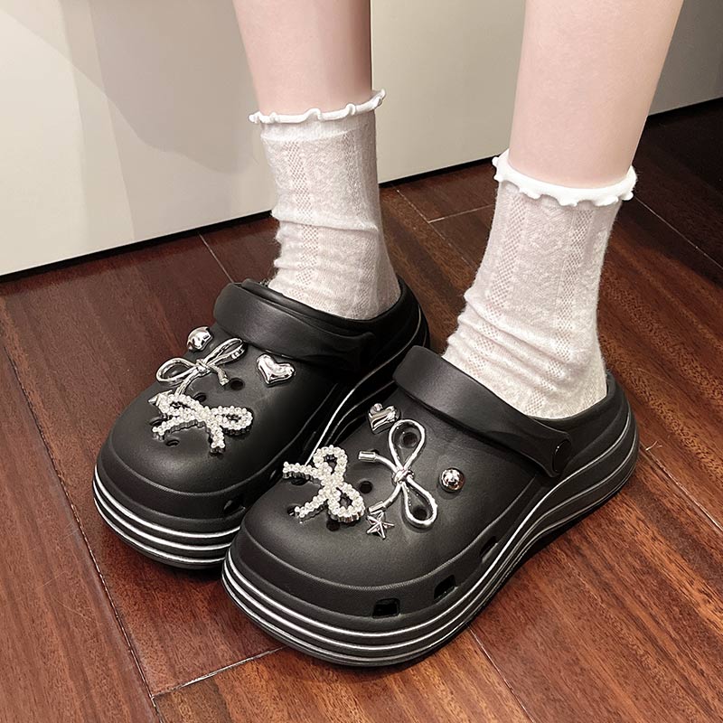 时尚蝴蝶结厚底洞洞鞋女夏季外穿百搭包头凉拖鞋海边沙滩防滑拖鞋