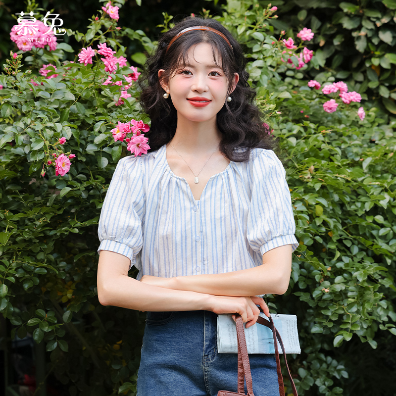 慕兔法式气质条纹短袖衬衫女2025夏季新款别致独特设计感小众上衣
