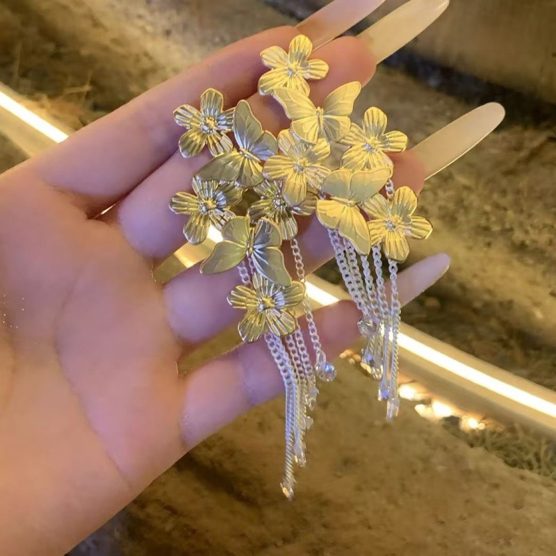 合金锆石耳饰 【浠儿家】小众设计蝴蝶花朵流苏长款耳环百搭复古
