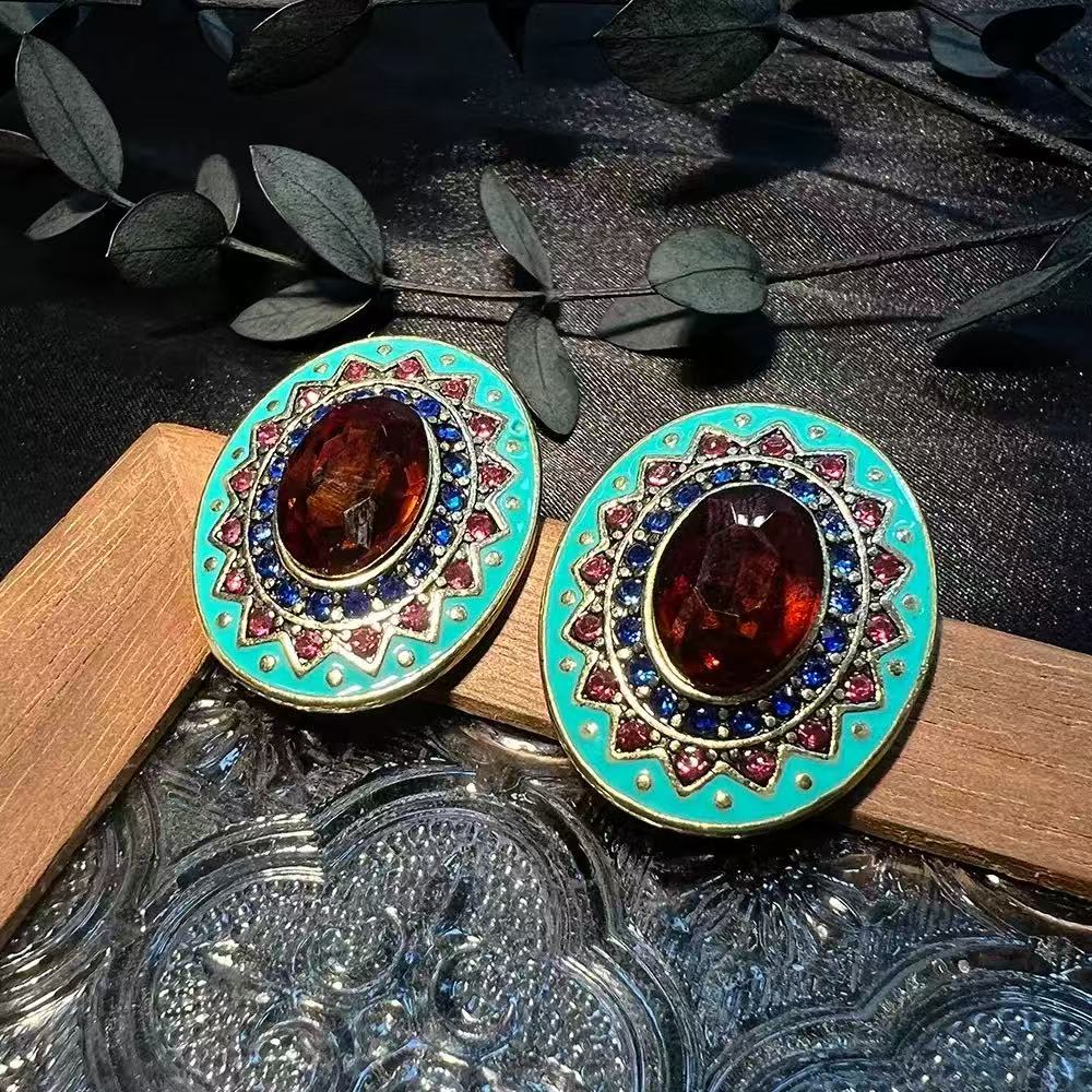 铜合金锆石耳饰 2487 气质百搭法式椭圆绿复古中古简约耳钉耳饰