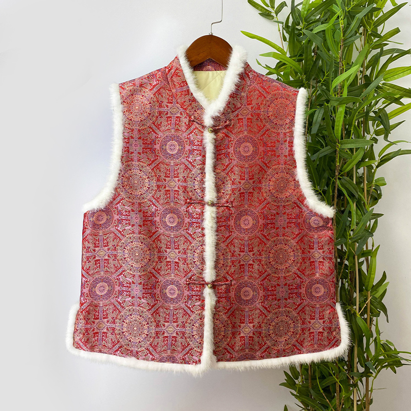 【八达运】新中式复古红色加厚加绒水貂毛内填充桑蚕丝女士宋锦马甲