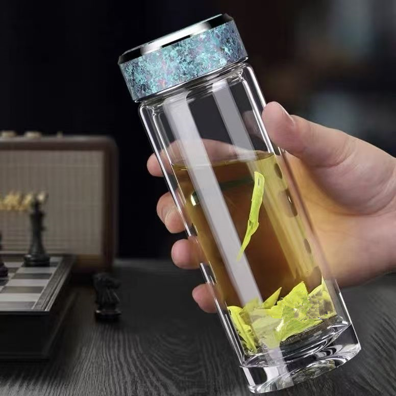 纯钛双层玻璃水杯男士高档商务泡茶透明茶杯隔热便携茶水分离杯子