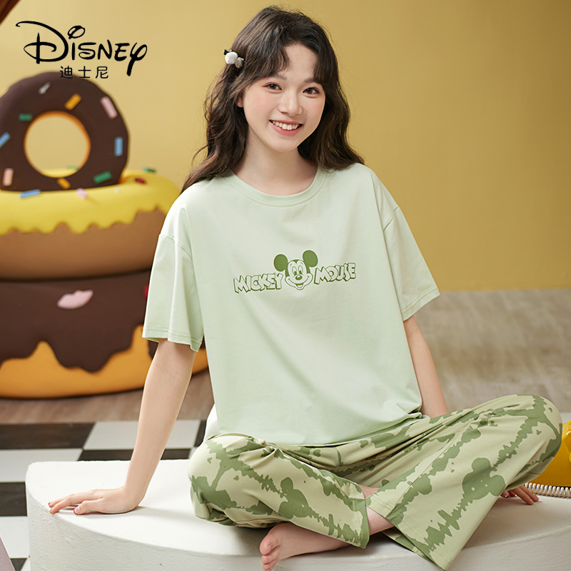 Disney/迪士尼夏季新款纯棉套头短袖长裤睡衣胸垫休闲家居服0007