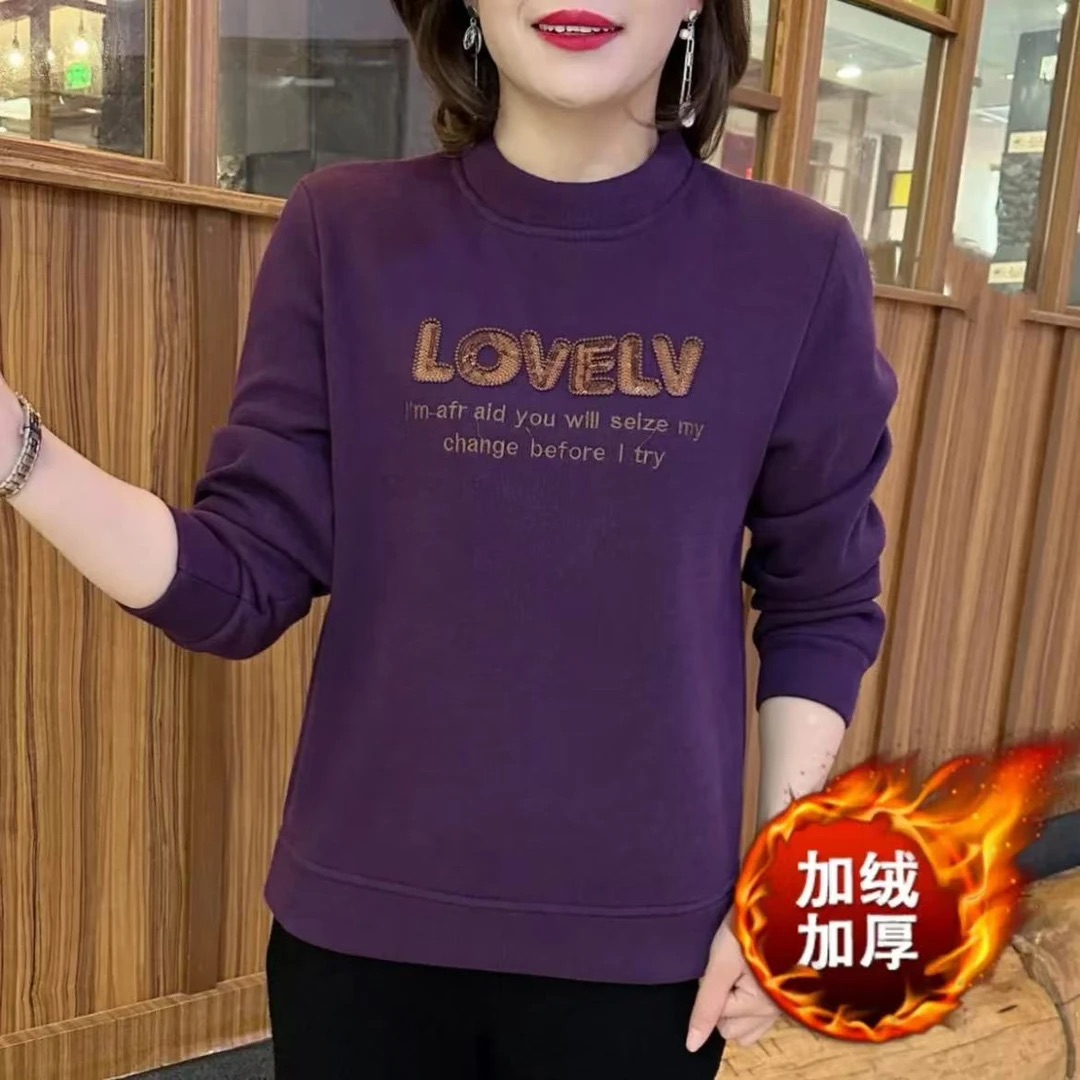 德绒保暖卫衣圆领亮片休闲百搭洋气宽松显瘦减龄长袖上衣