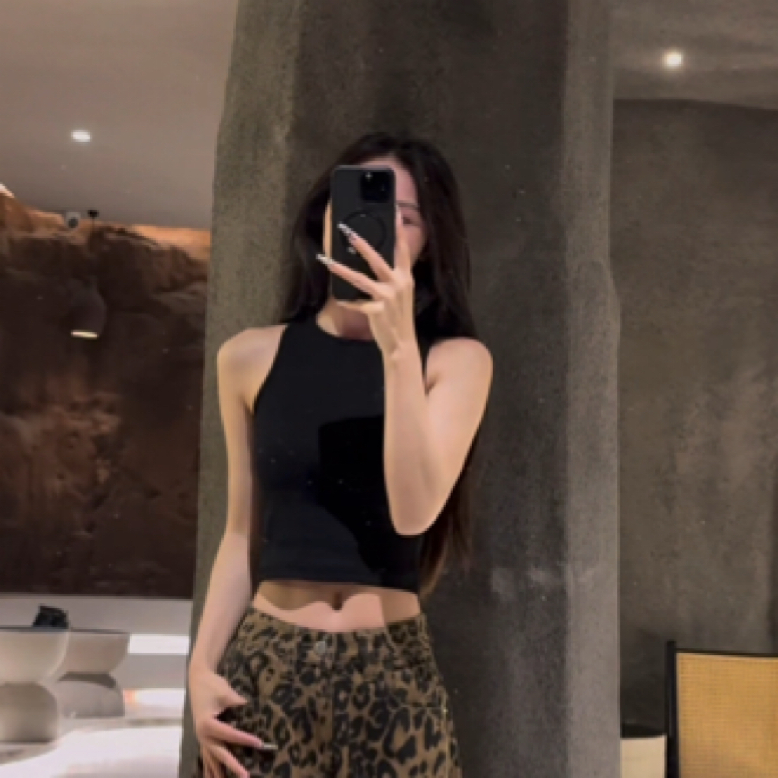 (现货)辣妹黑色工字背心女夏吊带针织打底紧身短款无袖t恤