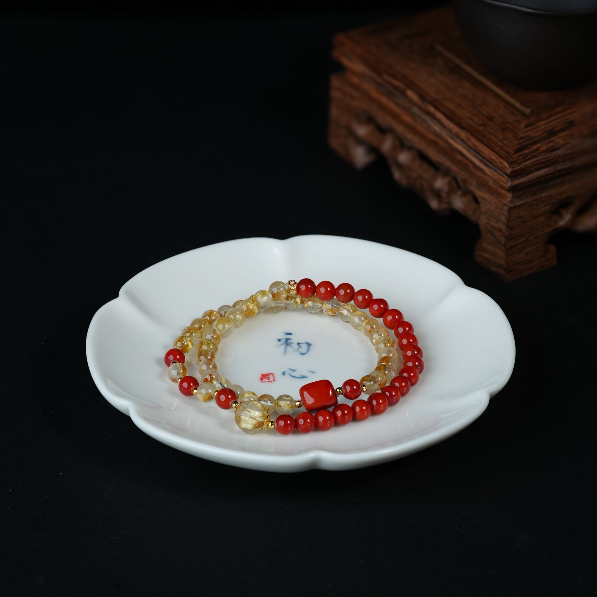 【金玉红颜】花奢珠宝 南红玛瑙+板钛 18k金 双圈手串（多样性发货）