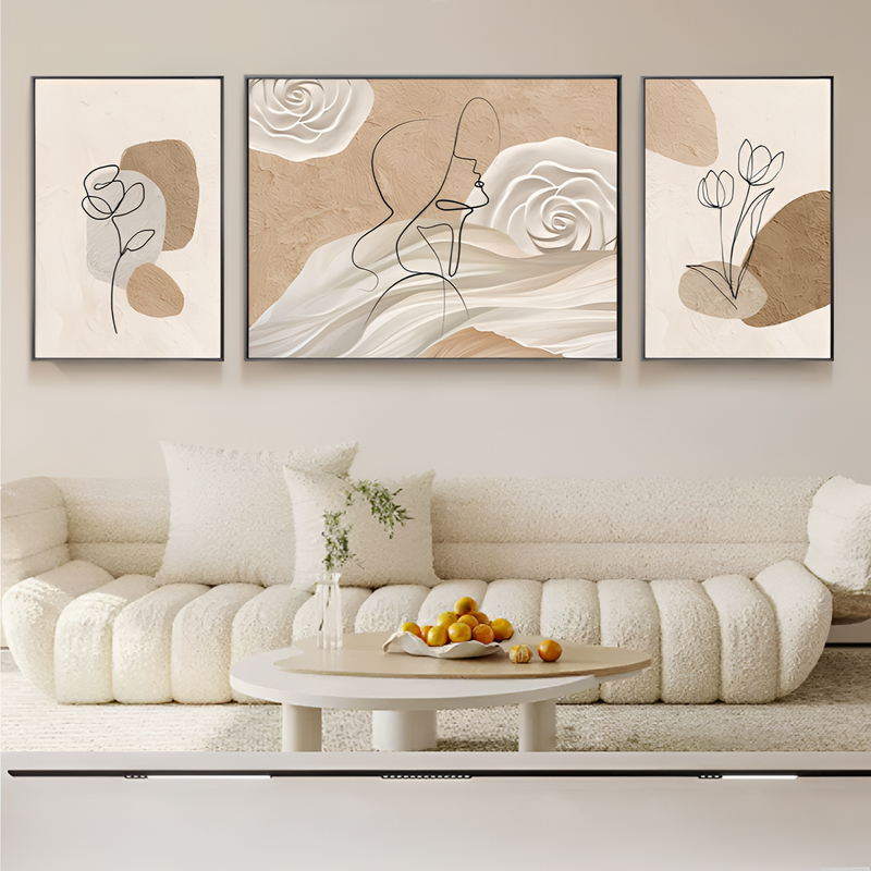 奶油风北欧抽象肌理玫瑰花三联人物画客厅装饰画手工装裱轻奢