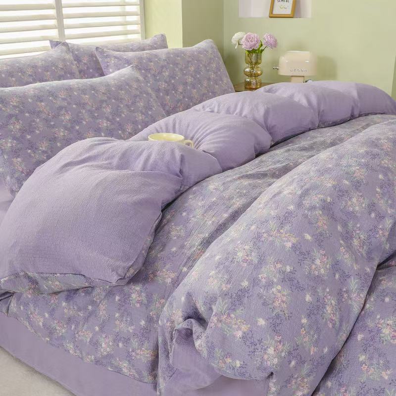 【豆蔻】有氧提花双层纱韩版碎花柔软透气四件套