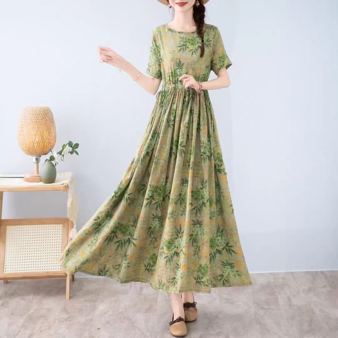 1041#夏季新款文艺棉麻V领绣花宽松显瘦系带中袖连衣裙