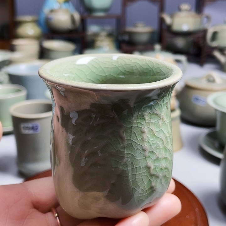 原矿釉汝瓷豆绿釉白菜主人杯一级