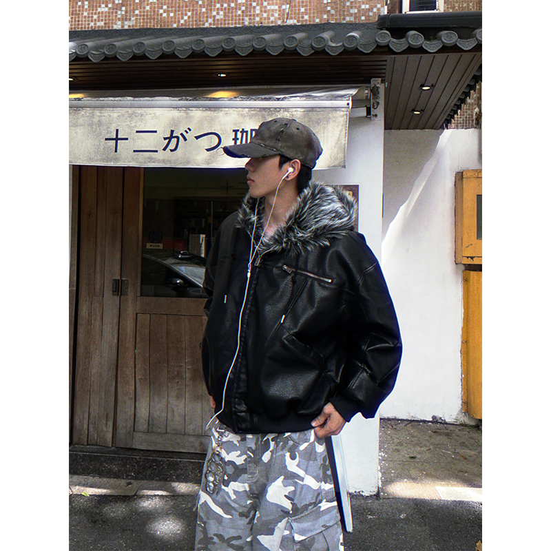 MaxDstr美式街头座山雕毛领连帽PU皮外套男女潮宽松加厚棉服