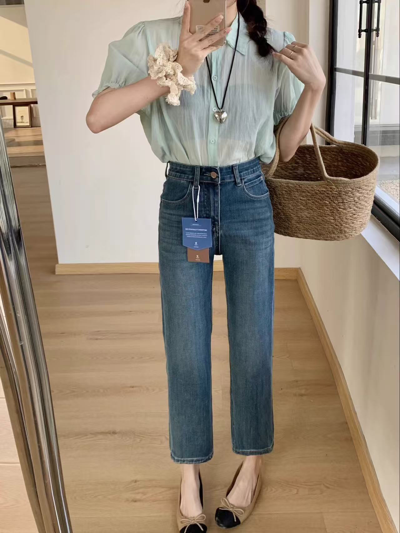 十三行品牌QIQI怀旧蓝牛仔裤显瘦复古九分裤子6690-1