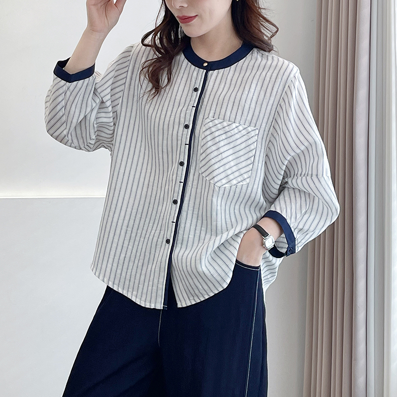 （天丝条纹麻衬衫）85059-2夏季新款气质高级感撞色边设计感衬衫H