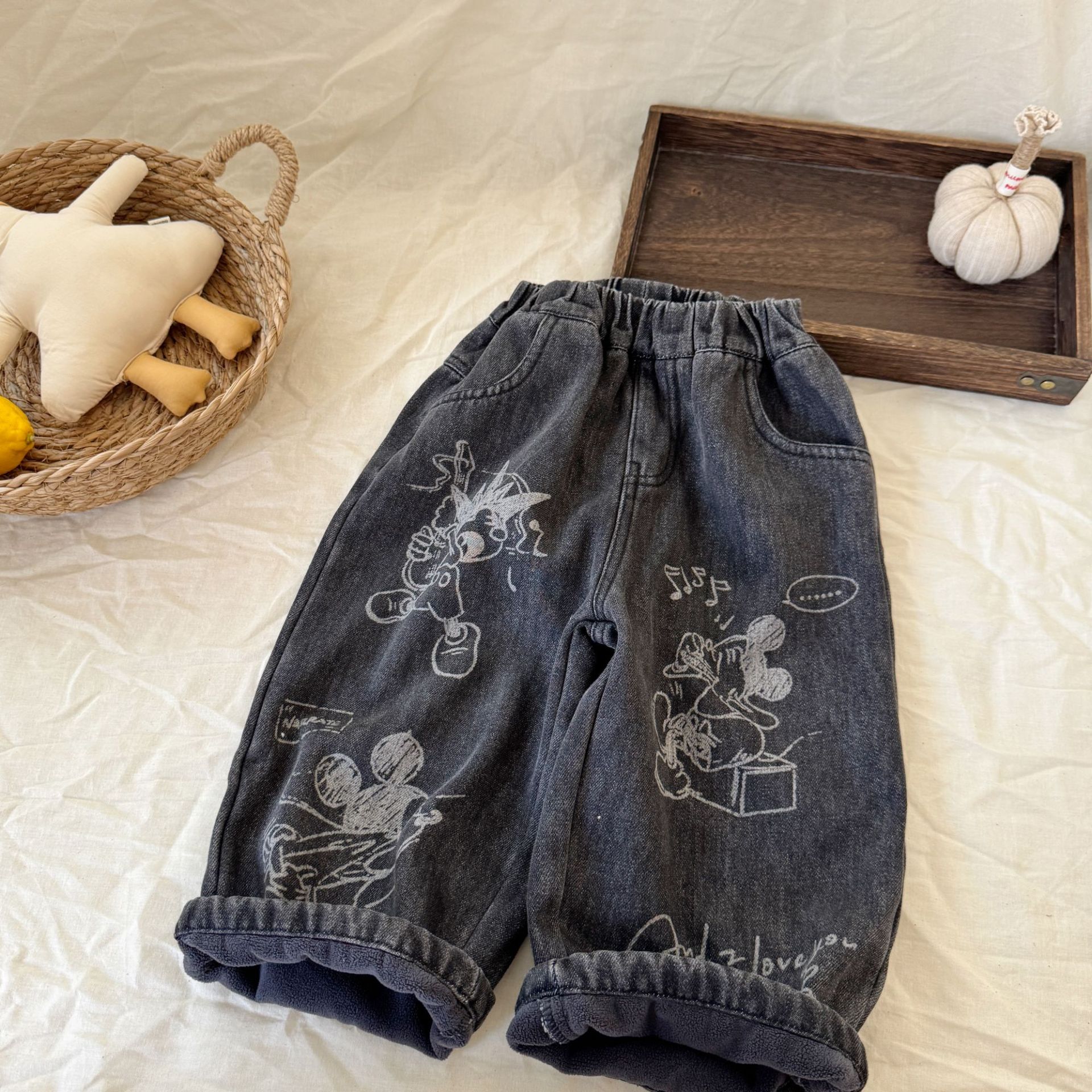 儿童裤子男童2025新款男孩牛仔长裤潮酷痞帅韩版米奇加绒牛仔裤