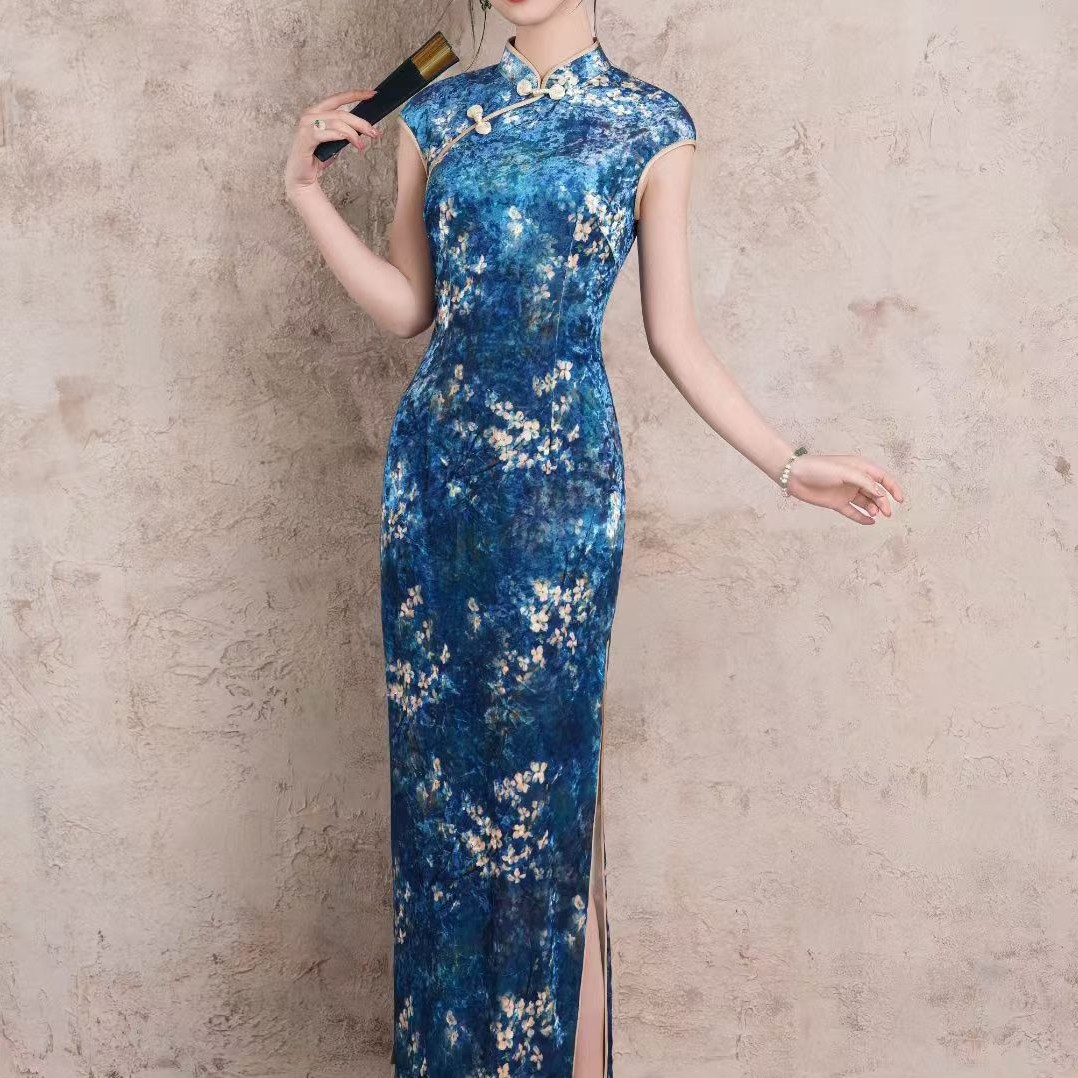 新中式日常旗袍中国风长款复古修身气质款优雅连衣裙显瘦蓝色大码