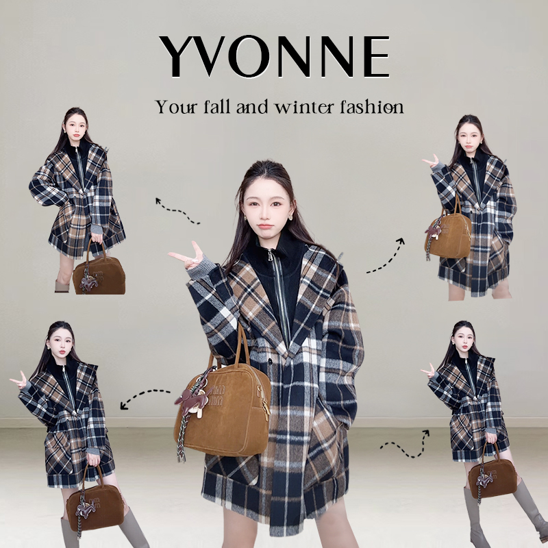 ISYVONNE / 日杂艺术生 秘鲁羊驼绵羊毛格纹针织拼接双面羊毛大衣