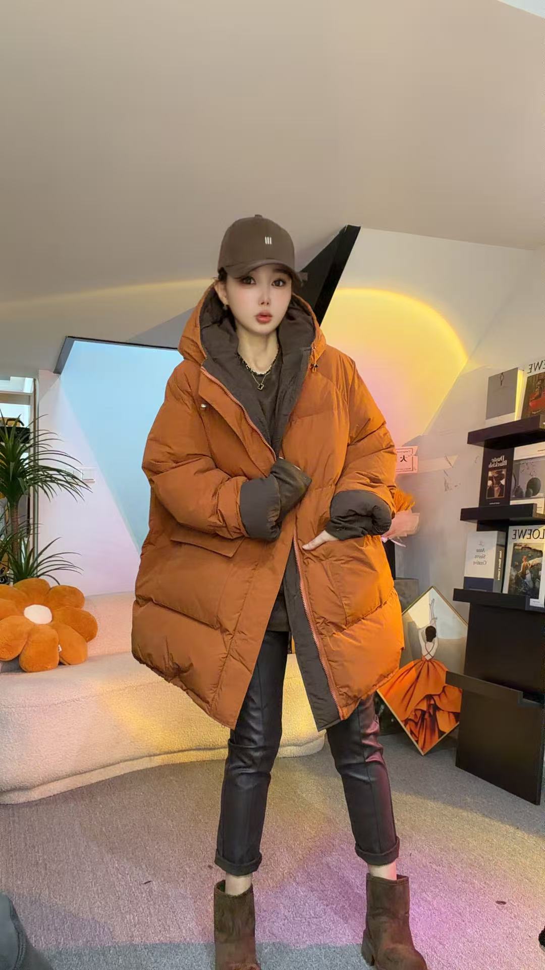 【小二姐家】2025时尚百搭休闲韩版宽松中长款加厚连帽冬季撞色棉服