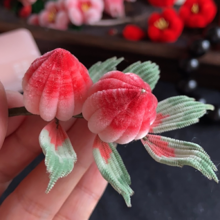 非遗绒花桃子发簪发夹