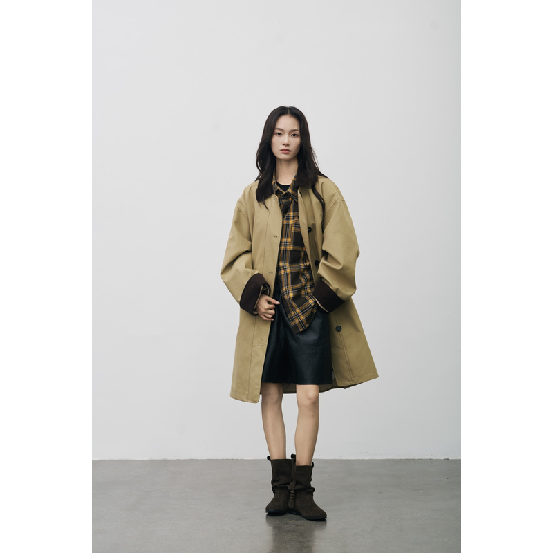 复古撞色拼接翻领秋季厚款秋季风衣长袖MG    98355