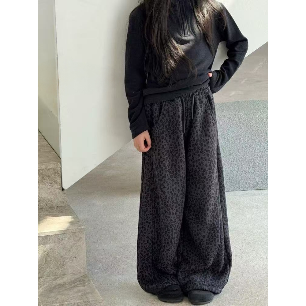 3305款儿童休闲裤针织高腰直筒百搭黑色宽松加绒加厚豹纹