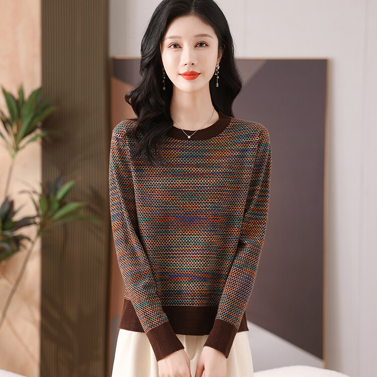 2025早秋新款花纱短款毛衣女圆领妈妈针织宽松高密拼色打底衫薄