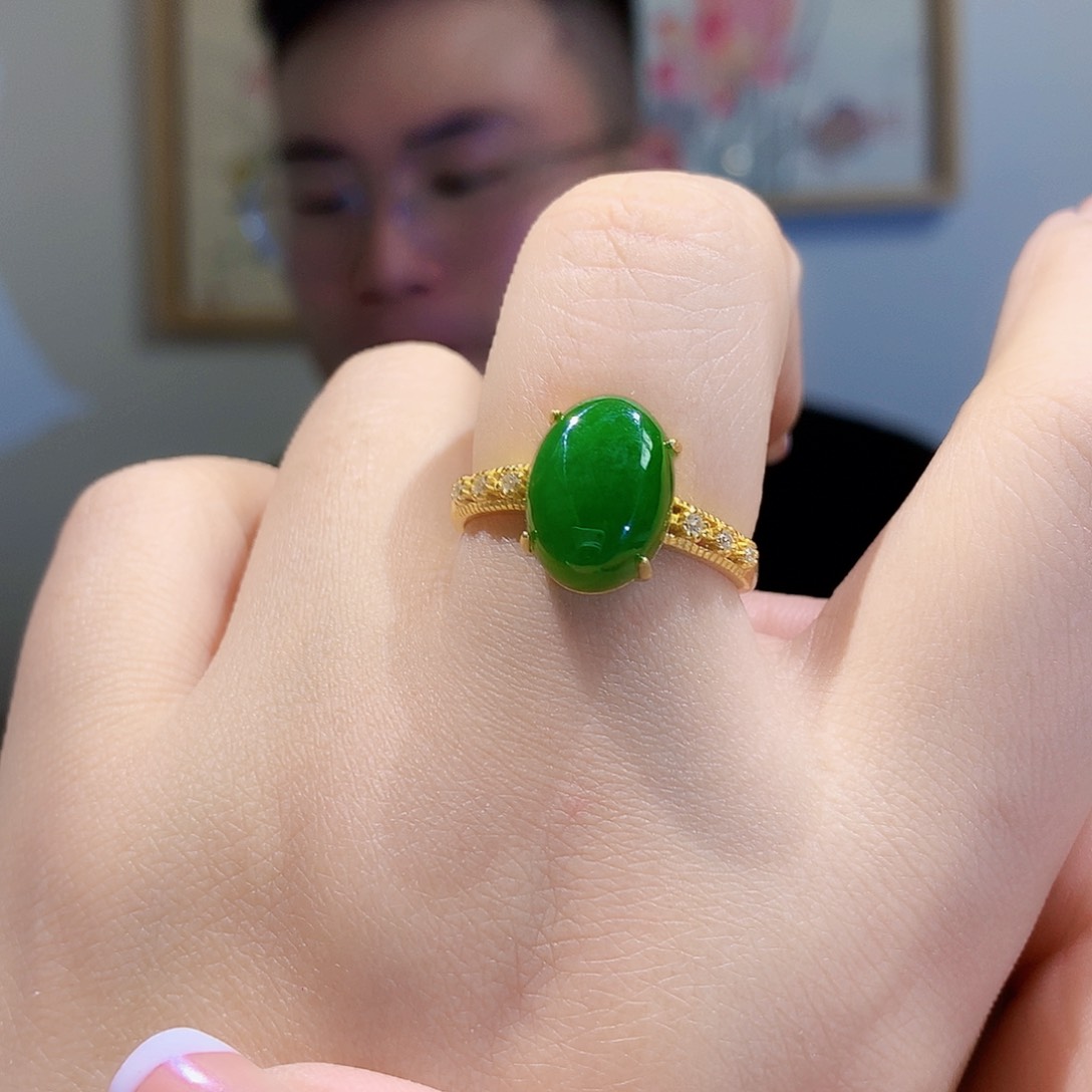 和田玉（碧玉）戒指银S925镀金镶嵌