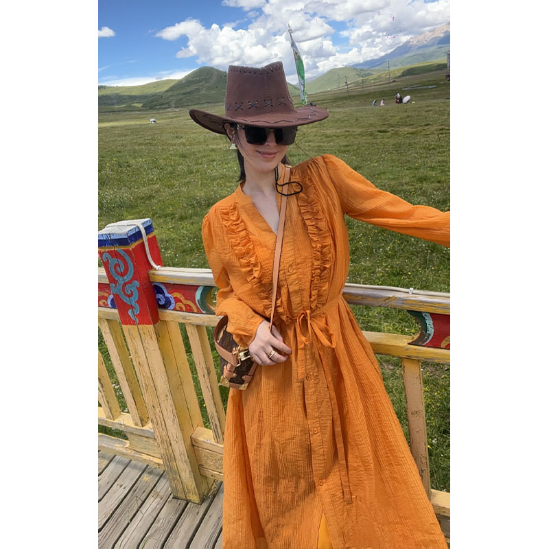 （两件套）秋季V领拼接木耳边长袖连衣裙Q30846