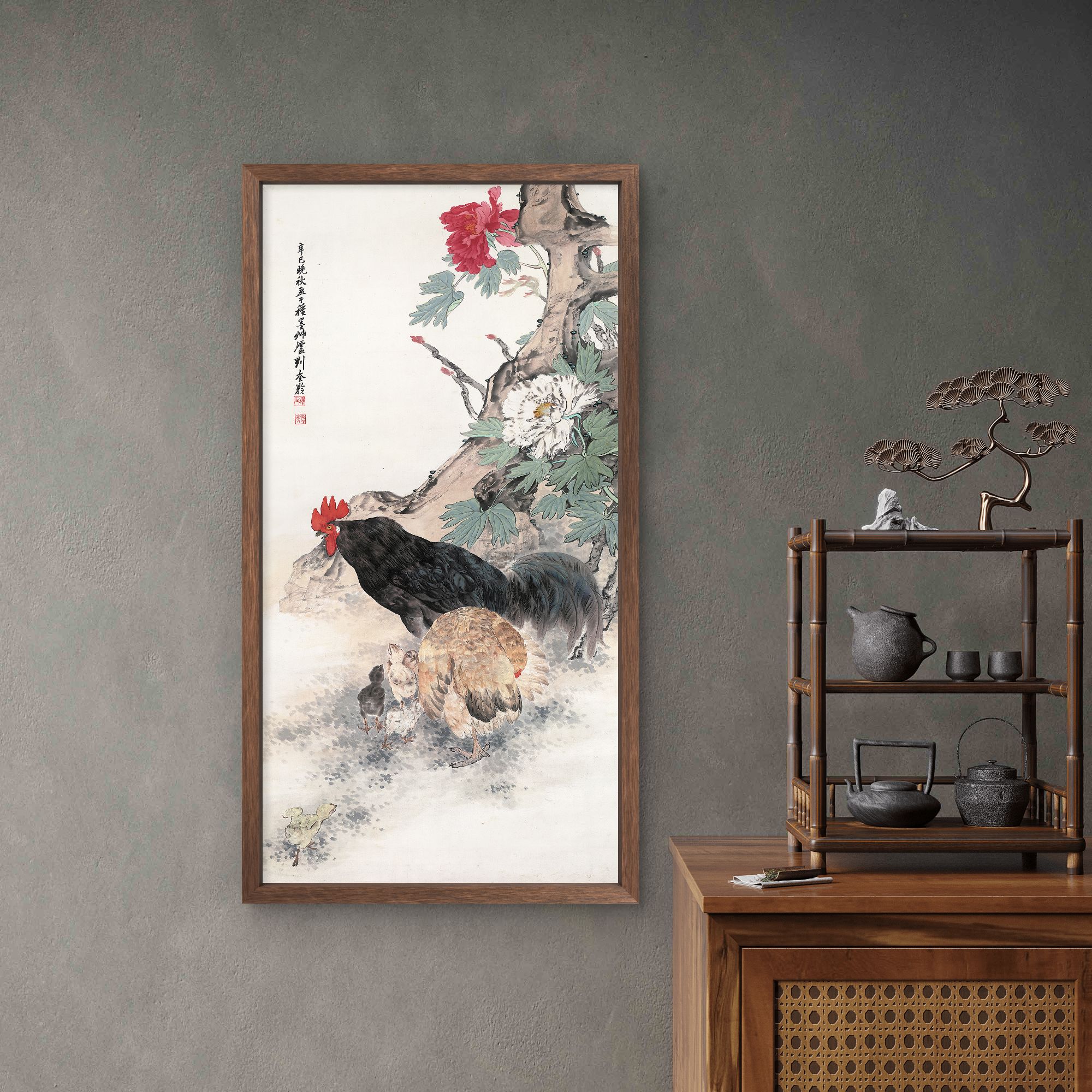 9360-30*55鸡鸣富贵图中式装饰画木框玄关书房茶室客厅挂画