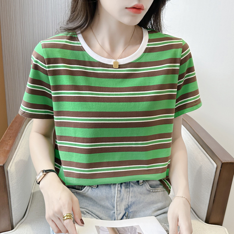 正肩条纹纯棉圆领短袖t恤女2024新款时尚百搭洋气上衣