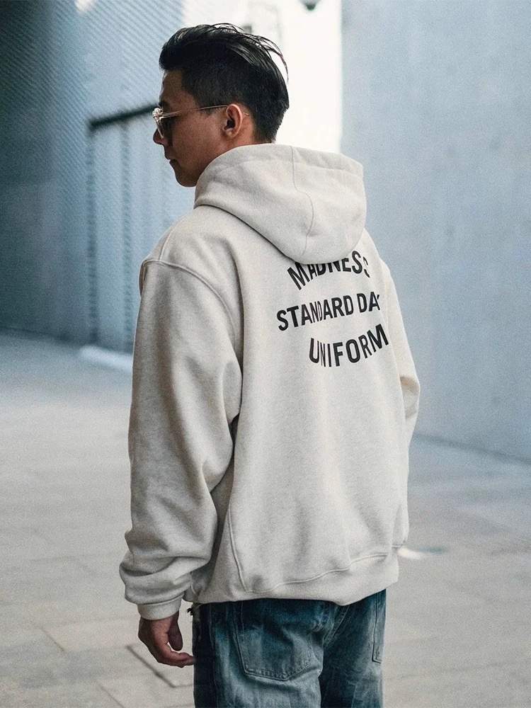 超帅！阿乐日系高克重纯色连帽卫衣印花男女宽松休闲百搭套头帽衫