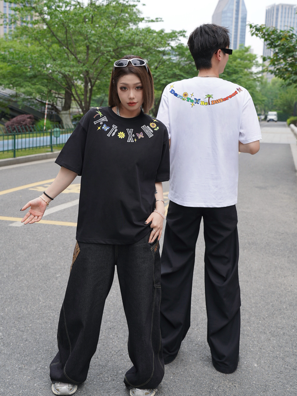 【320克重磅纯棉】蝴蝶项链烫画短袖黑白印花T恤春夏百搭男女同款