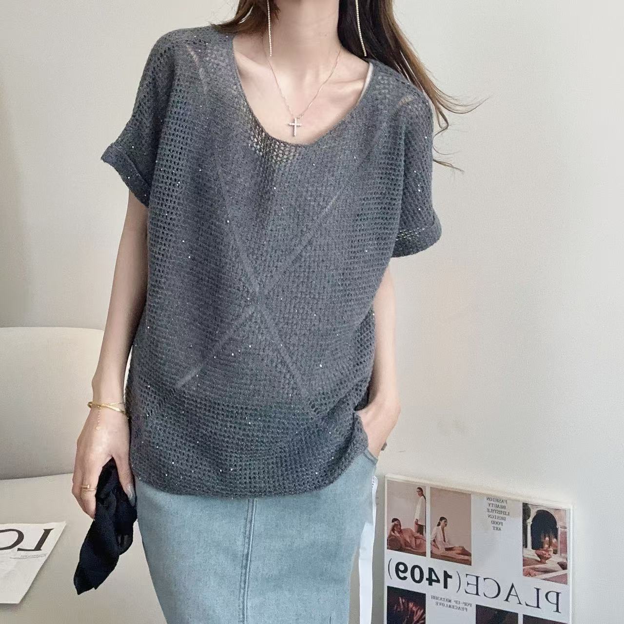 【俩月羊绒】轻奢252080-100山羊绒慵懒风时尚镂空亮片针织短袖