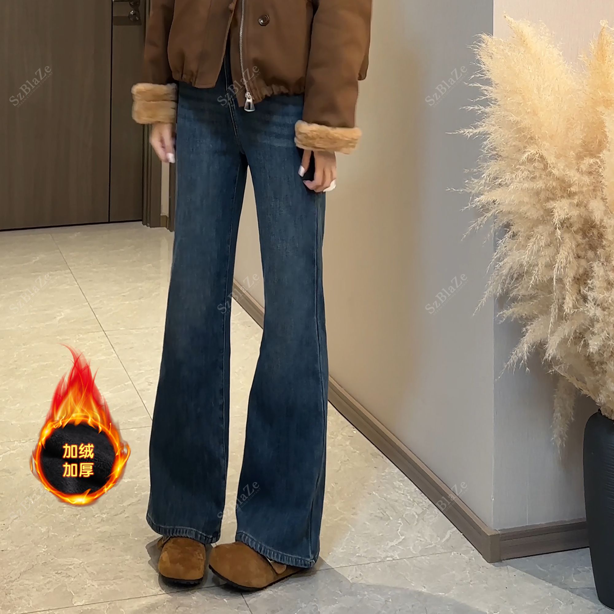 复古蓝刺绣微喇牛仔裤女冬季新款加绒高腰弹力宽松阔腿显瘦直筒裤