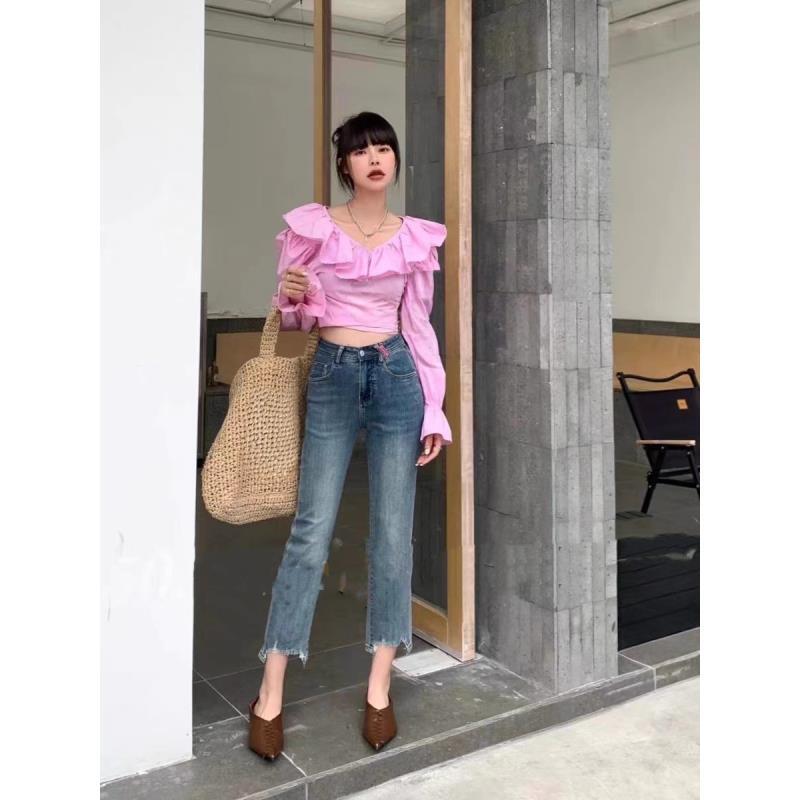 新新定制-高腰百搭口袋撞色九分显腿直筒磨边牛仔裤174717