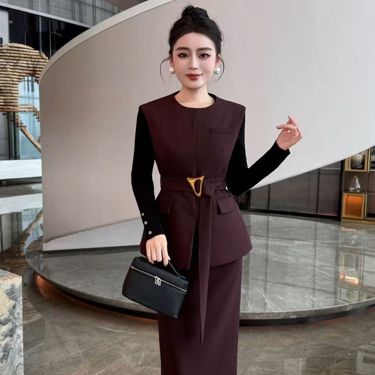 88737气质优雅轻奢高级感收腰显瘦马甲上衣半身裙两件套