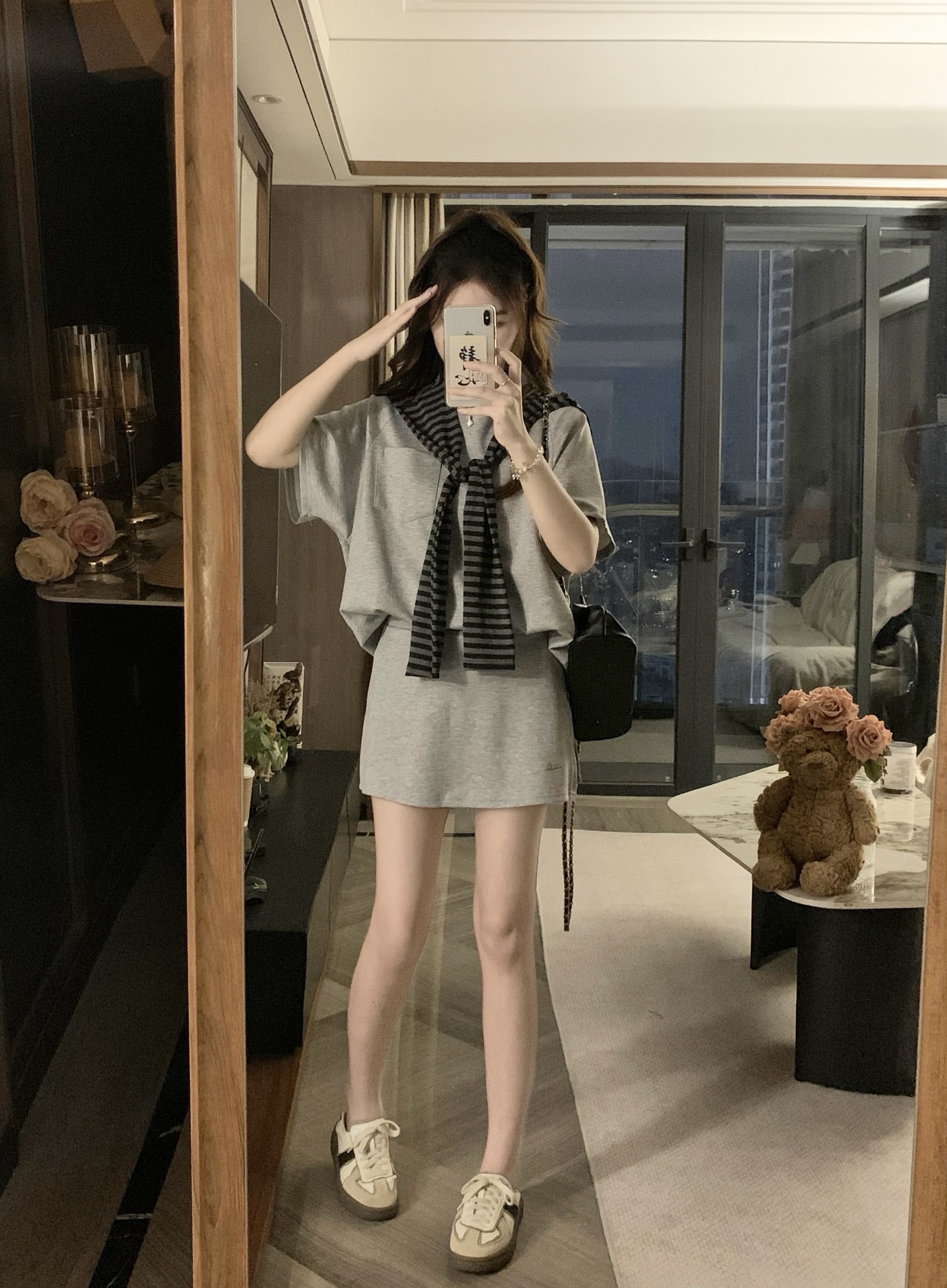 大码休闲风减龄时尚套装宽松短袖短裤上衣学院风针织时尚