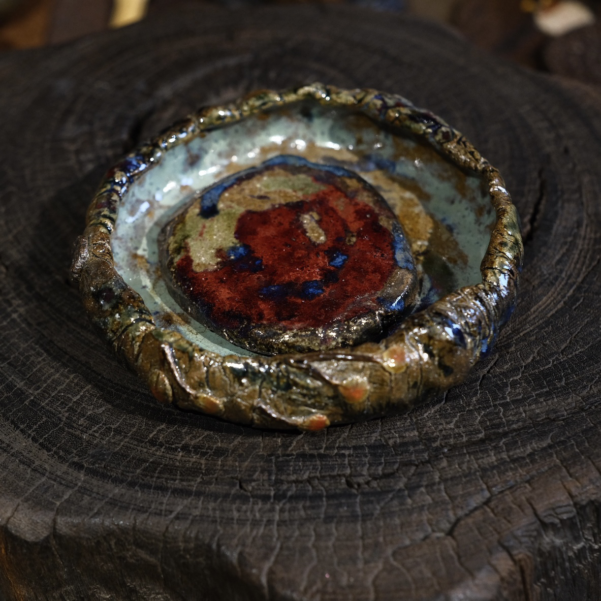 原创龙窑柴烧手捏肌理壶承 16cm