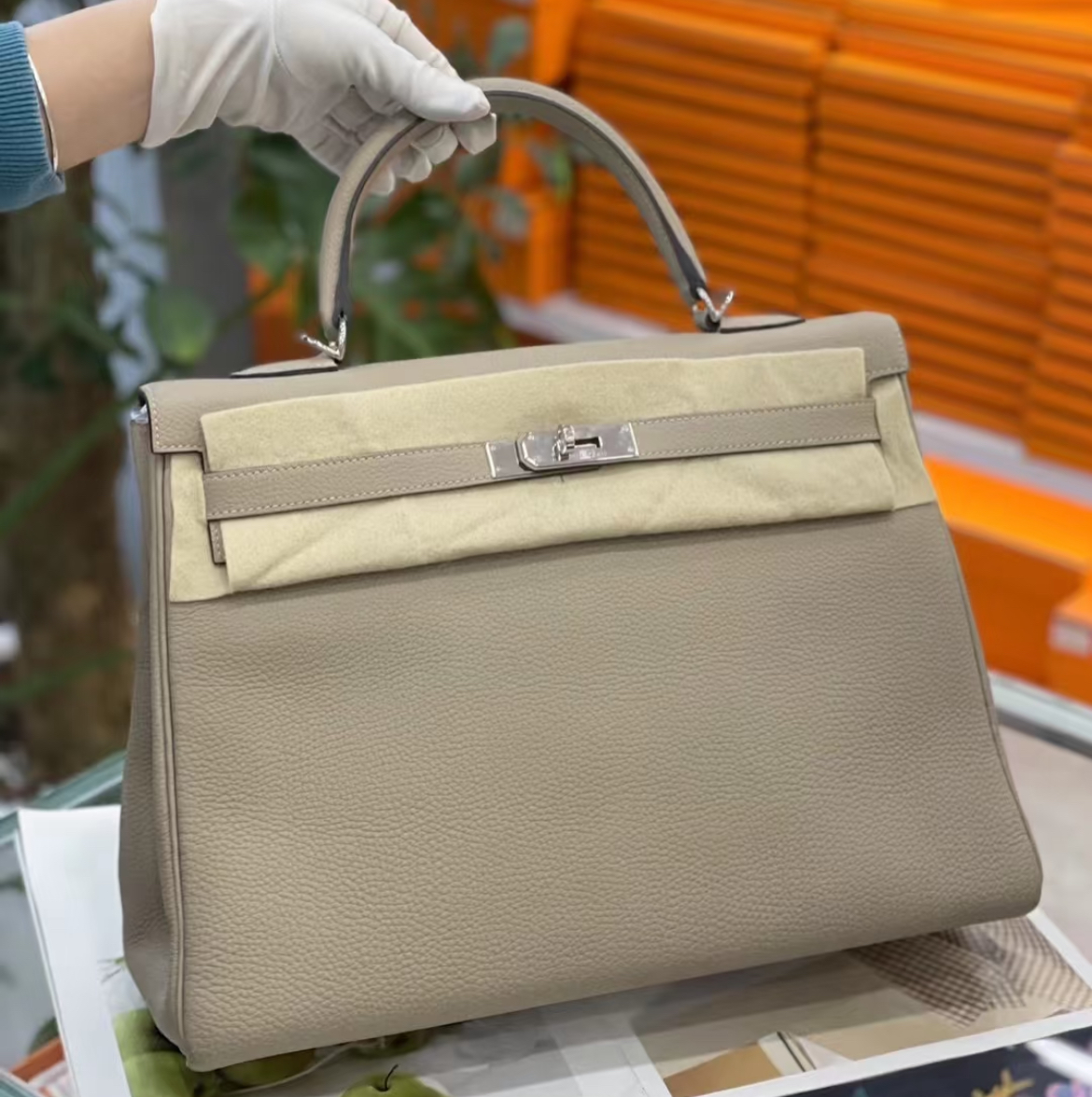 99新 Hermes/爱马仕 kelly35 斑鸠灰 银扣 togo T刻