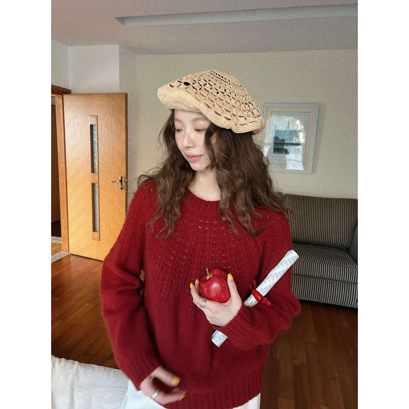 山中有桂枝 冬-红蕊 高配浣熊绒＋羊毛 麦穗钩织新年红色毛衣针织