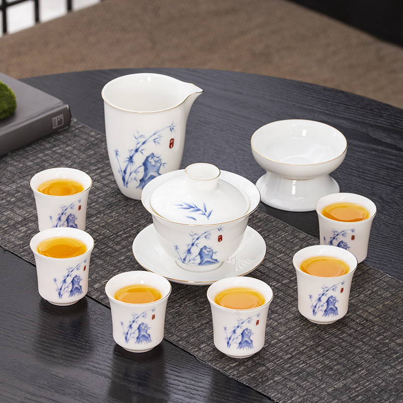 晟翔陶瓷茶具蓝竹盖碗10头