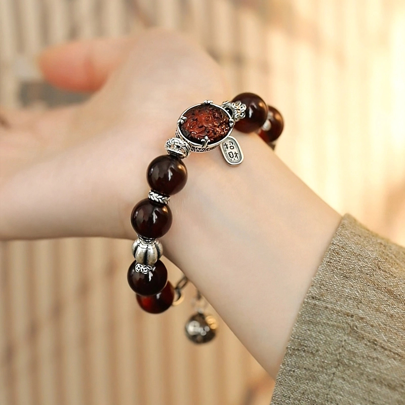 925银手链 S10999小众复古做旧黑老爷纳福六字真言铜钱手链